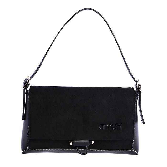Bolso Bandolera Suede Solapa Negro  
