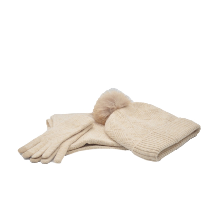 Carabo Conjunto Bufanda, Gorro y Guantes Beige Trenzado